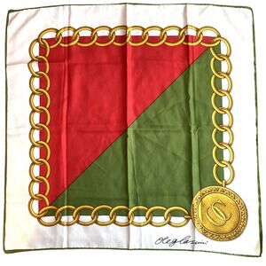Oleg Cassini Signed Logo Scarf Silky Gold Chain Medallion Green & Red 26” Square